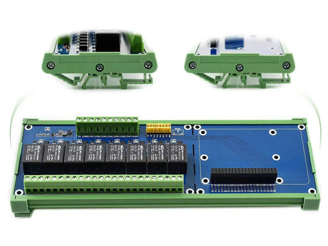 8 Channel Relay Expansion Board for Raspberry Pi and Jetson Nano 5V Power Supply GPIO Ready Controls High Voltage Home Appliances Up To 5A 250V AC with Photo Coupling Isolation and Rail Mount Case, showing relays and circuit.