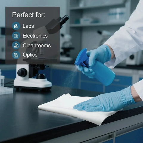 Person using Double Knit Polyester Cleanroom Wipes 120 GSM Soft 9x9 150 Pcs Laser Sealed Edge in a cleanroom setting with lab equipment.