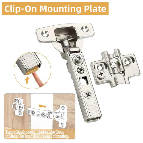 Furniware frameless full-overlay cabinet hinge clip-on plate stainless steel soft-close 4D adjustment 45–110° 10pk