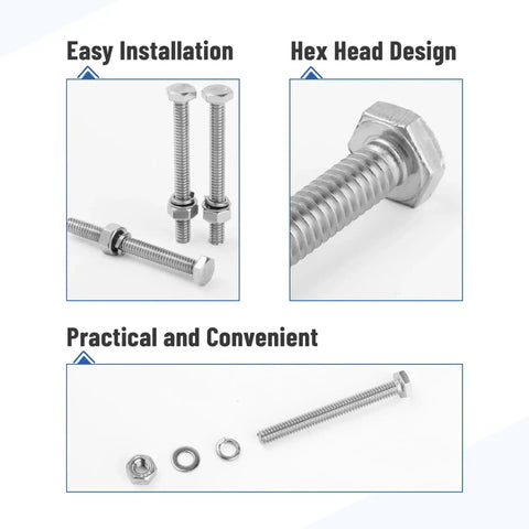 Nuts And Bolts Set 1/4-20 By 2-1/2 Inch Stainless Steel With Hex Nuts And Flat And Lock Washers, 10 Complete Sets displayed