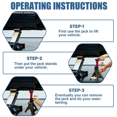 Operating instructions for 6 Ton Heavy Duty Jack Stands With Double Locking Pins And Rubber Pads showing step-by-step setup