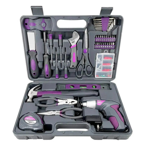 44 Piece 4V Cordless Screwdriver Tool Kit Set in Pink for Women, shown open with tools in storage case; home repair essentials