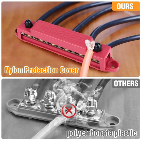 Power Distribution Block Bus Bar Kit With 6 3 By 8 Inch Posts And 10 No. 8 Terminal Screws, red nylon cover vs polycarbonate plastic