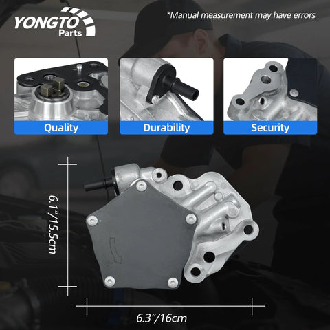 Yongtoparts brake vacuum pump, aluminum housing with gray cover, angled side view, 6.3in wide by 6.7in tall