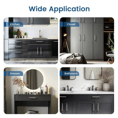 Wide application of 20 Pack Brushed Nickel Dresser Cabinet Pulls in kitchen, closet, dresser, and bathroom settings.