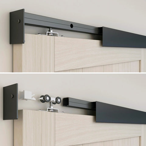 6Ft Barn Door Hardware Kit With Low Clearance Aluminum Box Rail Track System, installed on interior wooden door, black finish.