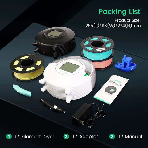 Filament Dryer S2 for 3D Printer, 70 Degree C Max, Built In Circulation Fan, shown with accessories and filament spools.