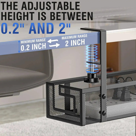 Adjustable under desk cable tray with no drill installation showing height range between 0.2 and 2 inches, in black metal.