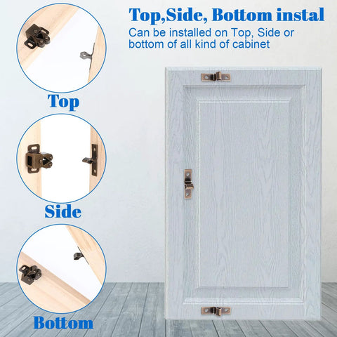Image of cabinet showing 4 Pack Double Roller Cabinet Latch Hardware For Cupboard Closet Kitchen Doors And RV Cabinets.