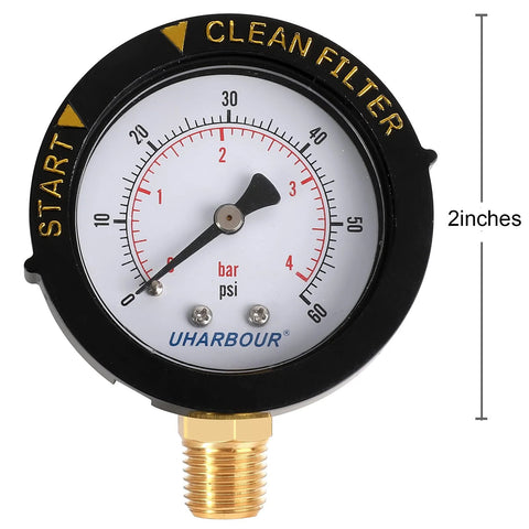 UHARBOUR pool filter pressure gauge, 60 psi, 1/4 in NPT bottom mount, brass fitting