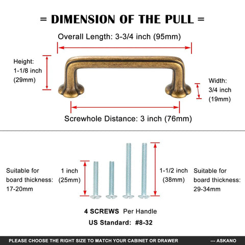 10 Pack 3 Inch Hole Centers Oil Rubbed Bronze Cabinet Pulls dimensions and screw sizes shown for handles with clover design.