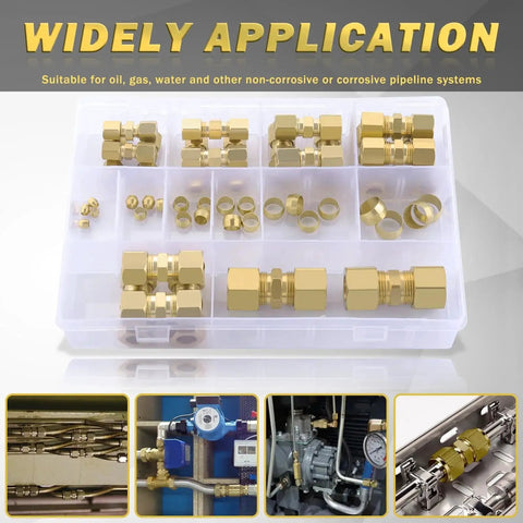Brass Compression Tube Fittings Kit 46 Piece Set for DIY Plumbing Projects with unions, sleeves, ferrules in organizer box