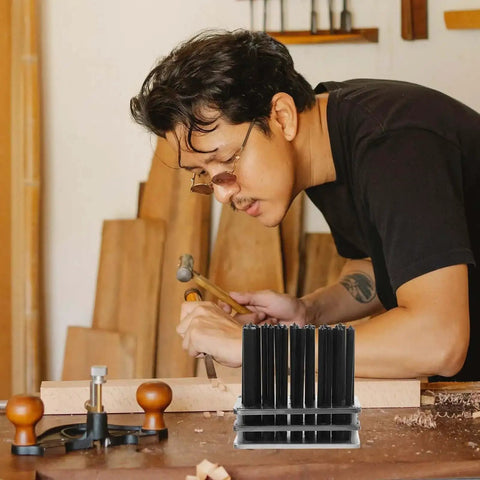 Craftsman using 28 Piece Cylindrical Steel Punch Set With Positioning Punches For Machine Tool Maintenance, DIY Woodworking And Jewelry Crafting