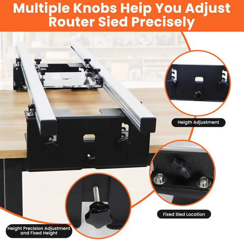 47.2 Inch Router Sled For Flattening Slabs, 3 Axis Adjustable, with highlighted knobs on a wood surface for precision adjustments