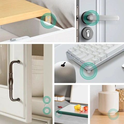 Clear Adhesive Cabinet Bumpers 0.5 Inch Non Slip Rubber Dots For Soft Close installed on various surfaces.