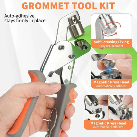 Heavy Duty Grommet Tool Kit With 6mm, 10mm And 12mm Hole Punch, showing pliers with magnetic press head and self screwing fixing.