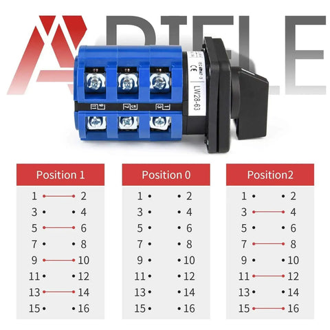 BeefedUp Three Position Latching Changeover Selector Switch 63A 440V showing positions and terminals
