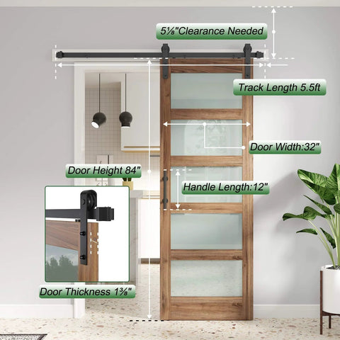 32 By 84 Inch Frosted Glass Barn Door With 5-Panel Design, Waterproof And Scratch-Resistant Surface, shown installed in home