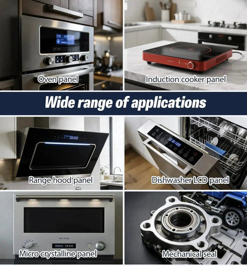 Image showing applications of Heavy-Duty High Temperature Silicone Sealant for Ovens, Induction Cookers, and Appliances.