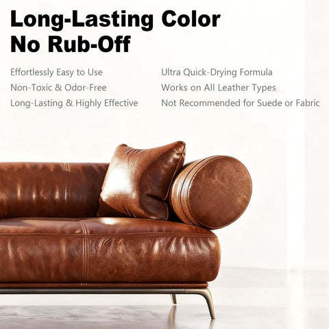 Dark Brown Leather Repair Kit With Recoloring Balm And Dye For Scratches, Fading, And Worn Leather Or Vinyl On Couches, Car Seats, Boots, And Furniture on a brown leather sofa.