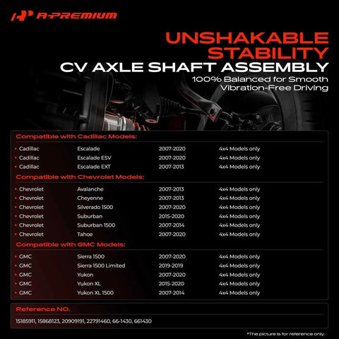 Infographic detailing compatibility of CV axle shaft assembly with Cadillac, Chevrolet, GMC models from 2007-2020 for 4x4 trucks.