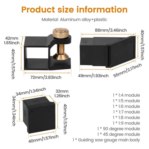 Aluminum Alloy Dovetail Jig Marker Gauge With Eight Modules, Magnetic Woodworking Marking Tool, product size and dimensions.