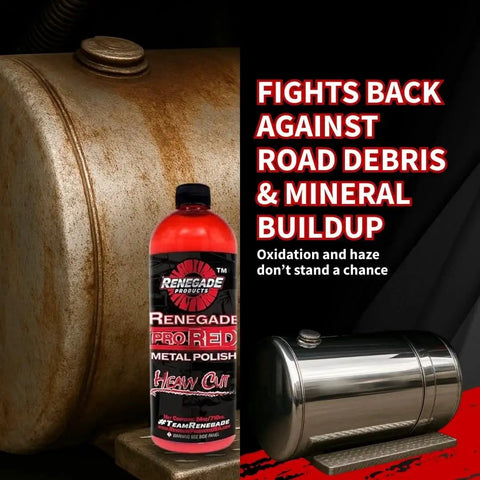 Pro Red Liquid Metal Polish Kit With One Eighth Inch Shanks for restoring and shining metal surfaces, shown on rusty tank.