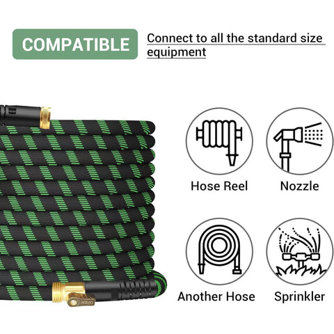 High QUA non-expanding garden hose, 100ft, black with green stripe, brass connectors and nozzle