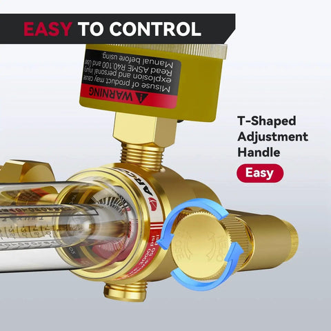 Close-up of Argon Helium And CO2 Gas Regulator With MIG And TIG Flow Meter, showing T-shaped handle and flow gauge.