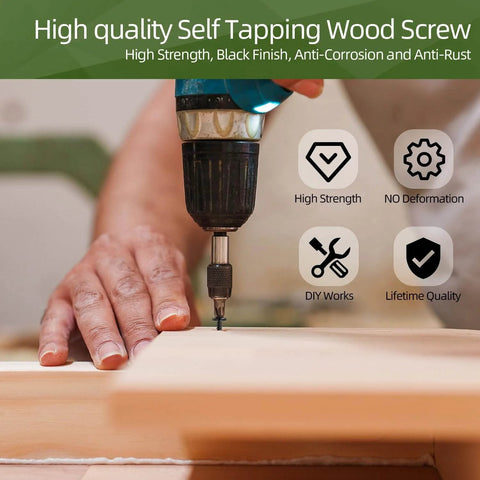 Person using No. 10 By One And A Half Inch Modified Truss Head Wood Screws, Phillips Drive Self Tapping, Black Coated for DIY woodworking