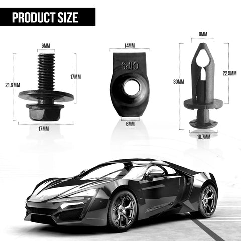 Detailed view of 35Pcs Engine Under Cover Splash Shield Bolts Screws And Bumper Clips Kit with product dimensions for Nissan Infiniti
