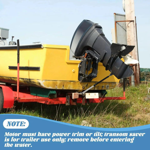 AHIER adjustable boat transom saver, black, mounted on a yellow boat on a trailer with an outboard motor