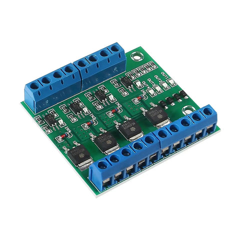 Rock Solid 4 Channel PLC Amplifier Module With MOSFET Driver And Optocoupler Isolation, green board with blue terminals