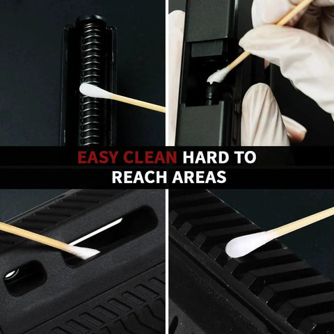Close-up of gun cleaning swabs in use from Gun Cleaning Kit With 300 Patches And 200 Cotton Swabs In Storage Box