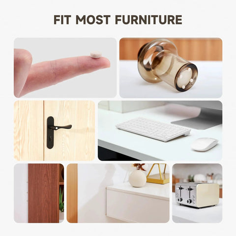 Collage showing 100 Piece Felt Cabinet Door Bumpers Self Adhesive Soft Close Absorb Impact And Reduce Noise 0.4 Inch Diameter 0.17 Inch Thick.