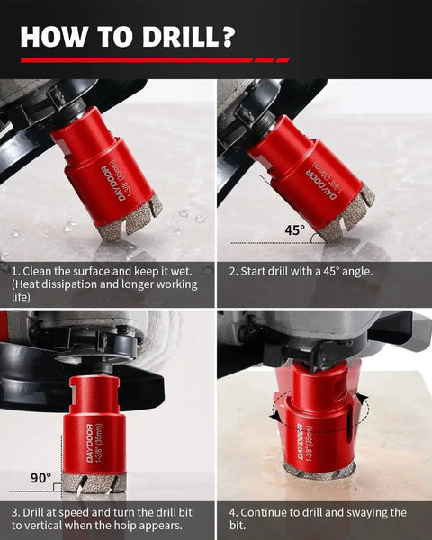 Diamond Hole Saw Kit For Tile And Stone, 15 Piece Vacuum Brazed Core Drill Bit Set, step by step drilling instructions.
