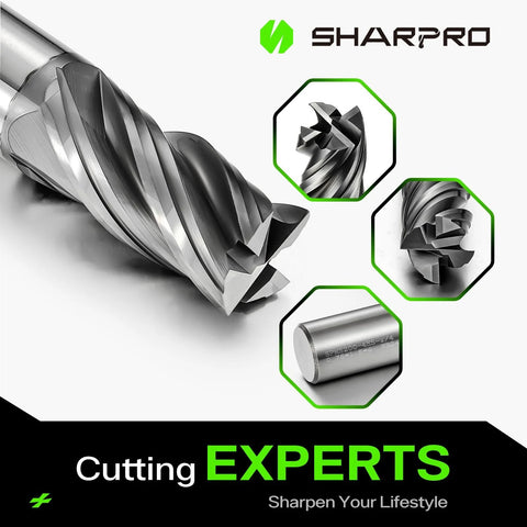 Carbide Square End Mill 1 Quarter Inch Shank 4 Flute CNC End Mills 5 Piece Set Heat Resistant For Alloy Steel Stainless Steel And Cast Iron Great For Precision Cutting And Smooth Finishes SHAPPRO image showing close-up of flutes and shank details.