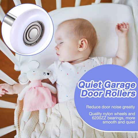 24 Pack White Nylon Garage Door Rollers For 2 Inch Track Replacement Quiet High Load 6200ZZ With Double Seals And 4.7 Inch Stem Durable Wheels For Residential Doors No Squeaks Smooth Operation And Long Lasting Performance shown next to sleeping baby highlighting quiet operation.