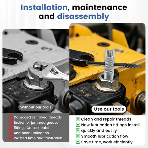 Installation comparison of using Grease Fitting Tool Set 2 Pack 4 In 1 Zerk Fitting Tool on machinery for maintenance.
