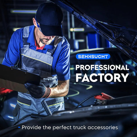 Mechanic in workshop examining vehicle engine with clipboard, text overlay 'Professional Factory' and 'Provide the perfect truck accessories'