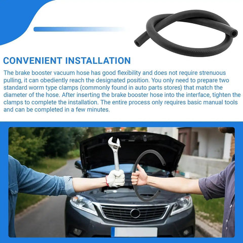 Illustration of Power Brake Vacuum Hose For Passenger Cars And Light Trucks 3 Feet Long Inner Diameter 0.46875 Inch Outer Diameter 0.78 Inch Pro Grade Durable Flexible Brake Boost Kit For Auto Brakes 1 Pack with installation guide.