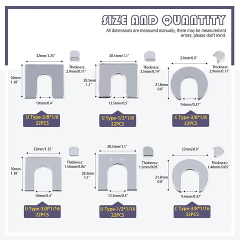 Image showing Universal Auto Body Shim Kit With Zinc Plated Shims In Three Eighths And One Half Inch Sizes, 152-Piece U Type And C Type Alignment Shims.