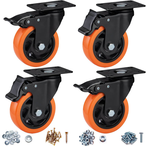 4" Caster Wheels, Heavy Duty Set of 4 - Orange Polyurethane Top Plate Swivel Casters, Industrial 4-Pack with Brake, Locking Wheels for Furniture and Workbench - Canadian Ball Bearing Supplier.