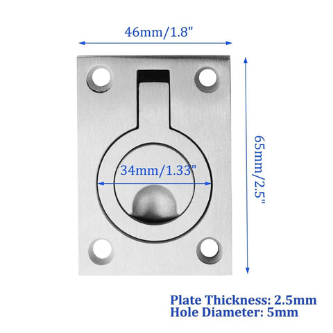 Set Of 2 Flush Mount Ring Pull Handles In Stainless Steel 304, Recessed Hidden Lifting Ring Pulls Measuring 2.5 By 1.8 Inches, front view
