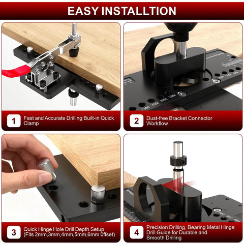 Concealed Hinge Jig For Cabinets And Doors, Metal Construction With Quick Clamp And Dust Vacuum Adapter, 35mm jig installation steps