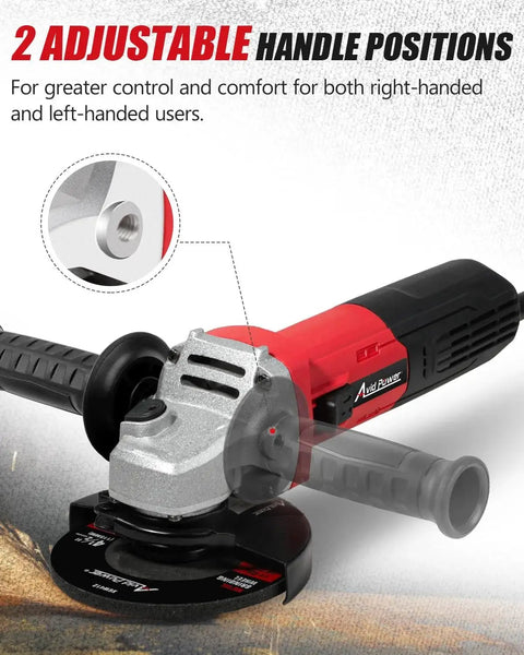 Angle Grinder Four And A Half Inch 7.5 Amp Electric Grinder With Grinding And Cutting Wheels Flap Disc And Auxiliary Handle For Cutting Grinding Polishing And Rust Removal Red, showing two adjustable handle positions for user comfort.
