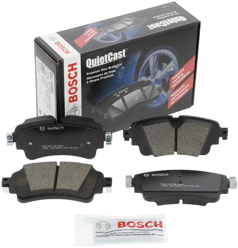 Bosch QuietCast rear ceramic brake pad set, four-piece kit with packaging box