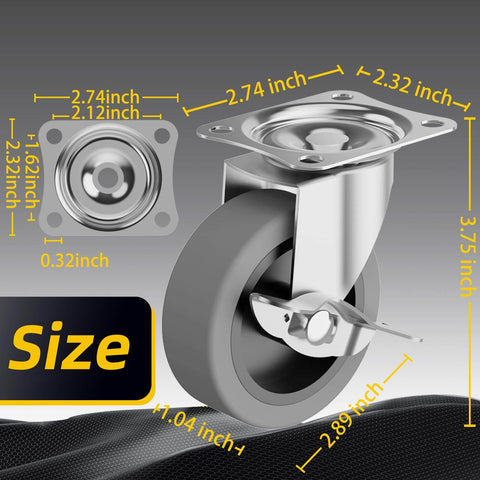 3" Caster Wheels Set of 4 - Heavy Duty Swivel Plate Casters with Rubber Wheels, Locking Brake Castors for Furniture, Carts, and Workbench - Canadian Ball Bearing Supplier.