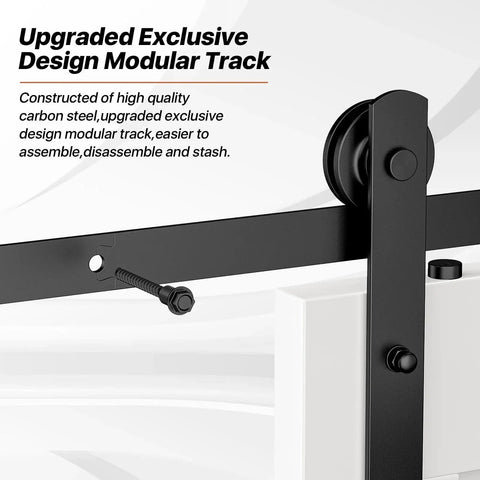 Sliding Barn Door Hardware Kit Six Point Six Foot Heavy Duty Rail System With Quiet Smooth Operation Easy Install Includes Door Hook And Two Handles For Doors One And Three Eighths To One And Three Quarters Inches Thick Black I Shape Hanger, close-up of modular track and wheel.