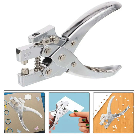 Heavy Duty Single Hole Punch Plier For Office And Crafting, handheld paper punch on desk with crafting materials